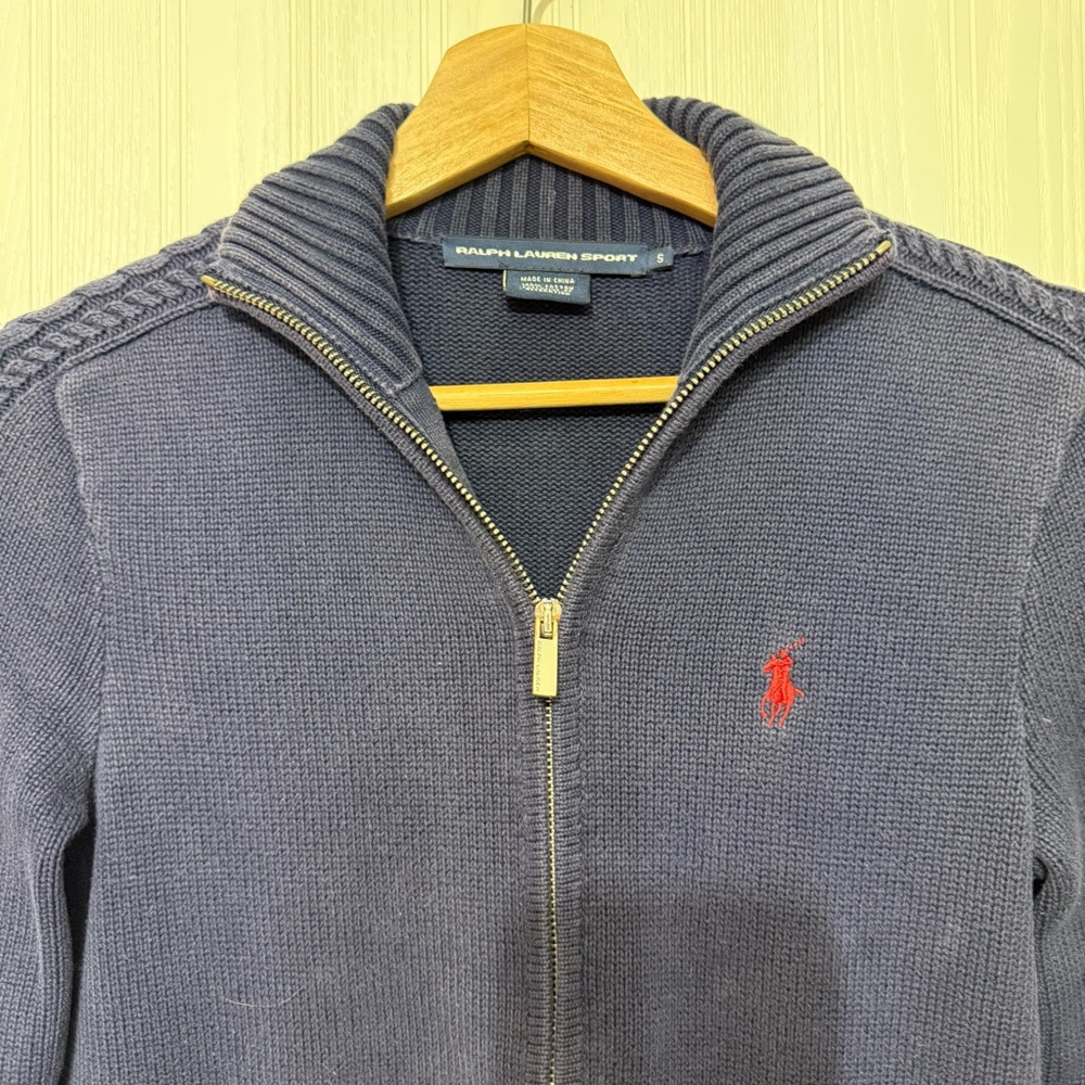 Vintage Ralph Lauren Sport zip up blue mock neck sweater with logo size small - Picture 2 of 12